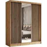 beautysofa Schrank mit Lamellen Helix - Kleiderschrank im modernes Stil Garderobe mit Schwebetüren - Spiegel Artisan - Schwarz)