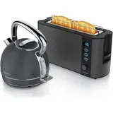 Arendo Frühstücks Set Edelstahl Wasserkocher 1,7l, Retro-Look & 2-Scheiben Langschlitz Toaster, Dunkelgrau, Wasserkocher, Grau
