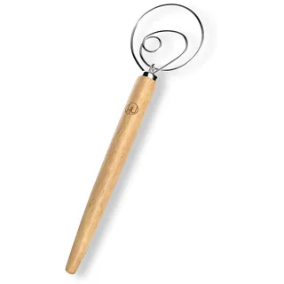 LHU Premium Original dänischer holländischer Schneebesen für bessere Teig- und Brotteigrezepte, Edelstahl/Buchenholz, inklusive Reinigungsbürste, groß, 34,3 cm L