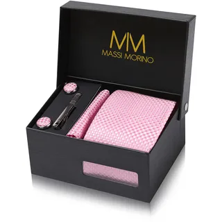 Massi Morino Krawatte Rosa - Kariert mit Einstecktuch Set Herren inkl. Manschettenknöpfe, Krawattennadel und Geschenkbox - Männer Krawattenset - Einheitsgröße