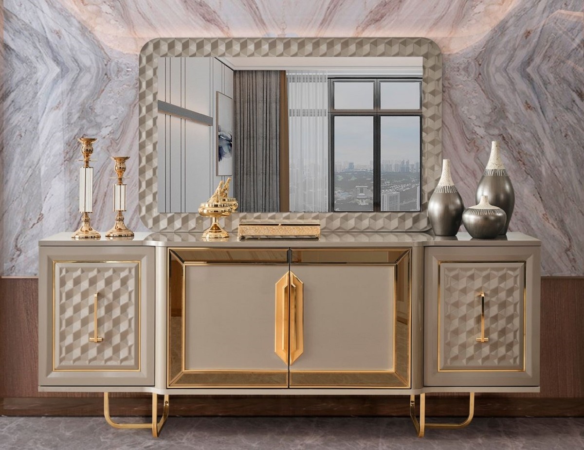 Casa Padrino Luxus Art Deco Möbel Set Grau / Gold - 1 Luxus Art Deco Sideboard mit 4 Türen & 1 Luxus Art Deco Spiegel - Art Deco Möbel - Luxus Möbel - Luxus Einrichtung - Art Deco Einrichtung