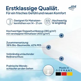 AM Qualitätsmatratzen Bio Baumwoll Matratzenbezug allergikergeeignet 180 x 200 cm weiß
