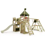 FATMOOSE Spielturm Ritterburg RiverRun mit SurfSwing & Rutsche, Spielhaus mit Sandkasten, Leiter & Spiel-Zubehör – salbeigrün / olivgrün - Grün