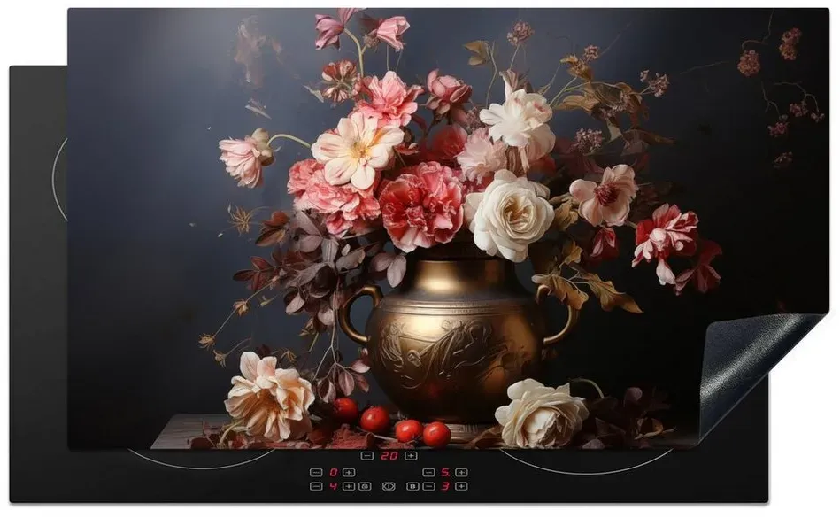 MuchoWow Herdblende-/Abdeckplatte Stilleben - Blumen - Rosen - Blumenstrauß - Vase, Vinyl, (1 tlg), 90x52 cm, Ceranfeldabdeckung für die küche, Induktionsmatte bunt 90 cm x 52 cm x 0.3 cm