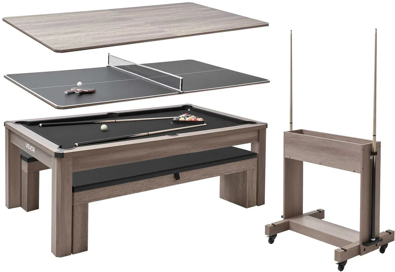 VEVOR 214 cm Billardtisch 3 in 1 für Tischspiele mit Essplatte & Tischtennisplatte, 2 Bänke zur Aufbewahrung und für Zubehör, 137 kg belastbar, inkl. Queue-Ständer & Kreidebürste