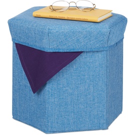Relaxdays Sitzhocker mit Stauraum, faltbar, weich gepolstert, Wohnzimmer, Stoff, HBT: 31 x 36 x 32 cm, Sitzwürfel, blau