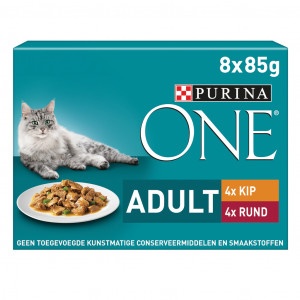Purina One Adult Stücke in Sauce mit Huhn, Rind Katzen-Nassfutter (8x85 g) 8 x 85 g