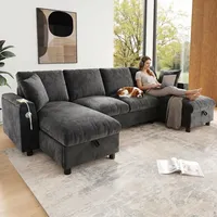 Merax U-Form Ecksofa 4 Sitzer, Chenille Sofa Mit 2 Chaiselongue, Klappbare Rückenlehne, Getränkehalter, Bettkasten, Stauraum, Couch, Soffa, Grau - Grau