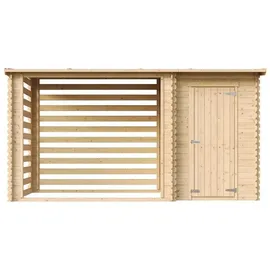 TIMBELA M205 – Gartenhaus Holz mit Brennholzregal B344xL146xH199 cm/ 3.64 m2 – Naturbelassen