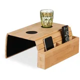 Relaxdays Sofatablett Bambus, HBT: 5,5 x 50 x 33,5 cm, Sofaablage mit Untersetzern, 2 Fächer, Natur/schwarz