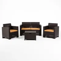 RATTATAN Gartenlounge SALINA aus Polyrattan mit abnehmbaren Kissen, bestehend aus einem 2-Sitzer-Sofa, zwei Sesseln und einem Aufbewahrungstisch – Mokka