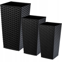 KADAX Rattan Blumentopf Set, Blumenkübel aus Kunststoff, 25+30+35 cm, Schwarz