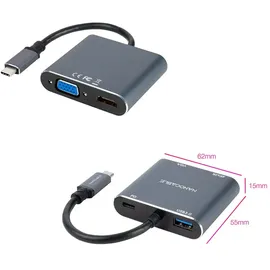 NANOCABLE USB-C-zu-HDMI/VGA/USB3.0/PD-Konverter 15 cm Grau