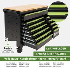 Trutzholm Werkstattwagen Star XL unbestückt 103 x 112 cm Stahl schwarz/grün 12 Schubladen Hartholzplatte