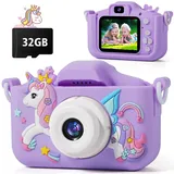 Kinderkamera,FIVAVA Digitalkamera 1080P HD Kinder Kamera mit 32GB Karte,Fotoapparat Kinder für 3-12 Jungen Mädchen Geburtstagsgeschenk Weihnachten Spielzeug Lila