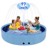 Eooqi Faltbarer Hundepool mit Sprinkler 246 cm, rutschfest & Stabil, 2-in-1 Planschbecken für Haustiere & Kinder, Outdoor Wasserspiel Pool für Garten, Blau