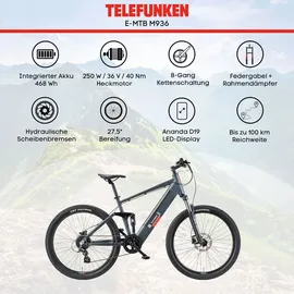 Telefunken E-Mountainbike Fully Aufsteiger M936 27,5 Zoll 8-Gang Pedelec Mountainbike E-MTB Elektrofahrrad grau