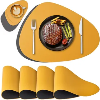 Rhein Beleuchtung Platzset Tischsets & Untersetzer aus Leder (4er-Set), (44 × 37 cm Platzsets & 12,8 × 10,8 cm Coaster, rutschfest), Doppelseitig, hitze- und ölbeständig gelb|grau