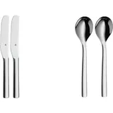 WMF Nuova Brunchmesser Set 2-tlg, Frühstücksmesser 19,5 cm & Nuova Müslilöffel Set 2-teilig, 16,5 cm, Joghurtlöffel, Cromargan Edelstahl poliert spülmaschinengeeignet