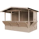 TIMBELA Marktbude Holz Gartenhaus, Holz, Verkaufsstand Holzhaus mit Theke, fünf fenster, H232x336x263 cm/6 m2, große multifunktionale Garten-Bar Verkaufshütte Verkaufsstände aus