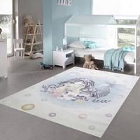Teppich-Traum Kinderzimmer Spielteppich • langlebig • Meerjungfrau Blumen Seifenblasen Creme türkis, Größe 120x170 cm