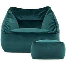 I.C.O.N. Icon Sitzsack Sessel mit Hocker für Erwachsene, Blaugrün, Flauschiger Samtstoff, Riesen Sitzsack Samt mit Füllung, Bean Bag Chair, Bequemer Sessel Wohnzimmer, Lounge, Schlafzimmer, Büro