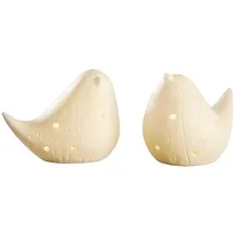 Dekoleidenschaft 2X Dekofigur Vogel Blumenwiese aus Porzellan, weiß, mit LED Beleuchtung, Leuchtdeko, Porzellanfigur, Frühlingsdeko