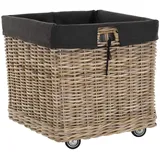 Großer Rollkorb mit Griffen/Holzkorb mit Rollen aus grauem Natur Rattan/Aufbewahrung Holz-Wagen Räder Kaminholz-Korb Kamin Allzweck-Korb mit Inlett (Quadratisch)