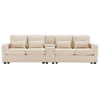 SeedWave Big-Sofa 4-Sitzer Sofa mit Konsole, Big Sofa breite 260 cm, Leinen Recamiere, Gepolstertes Sofa mit USB-Ladeanschluss, Stauraum beige