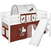 Spielbett JELLE 90 x 190 cm Pferde Braun Beige - Hochbett LILOKIDS - Weiß - mit schräger Rutsche und Vorhang - Weiß/Braun/Beige