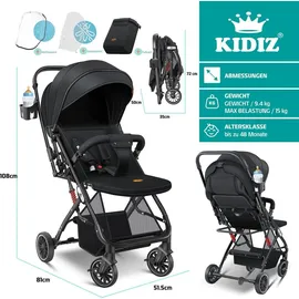 Kidiz KIDIZ® Kinderwagen Kinderbuggy klappbar Liegebuggy Sportwagen Faltbar 360° Räder 5-Punkt Gurt Inkl. Fußsack, Getränkehalter, Regenabdeckung & Moskitonetz verstellbare Rückenlehne & Sonnenverdeck