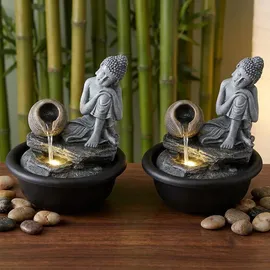 GLOBO 2x Springbrunnen Buddha Zimmerbrunnen Kaskade Wasserfall grau Deko LED H 19 cm