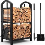 Amagabeli Garden Home Amagabeli Kaminholzregal Innen Brennholzregal mit 4 Kaminwerkzeug 74x40x30cm Kaminholzständer für Innen und Außen Kaminholzhalter Holzregal für Kamin Kaminofen Besteck Schmiedeeisen Bronze