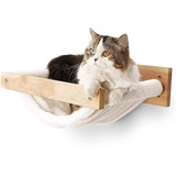 FUKUMARU Katzenhängematte Wandmontage, Großes Katzenregal zur aus massivem Gummibaumholz, Modernes Katzenbett zum Schlafen, Spielen, Tragkraft bis 18 kg, Weißes Flanellmaterial