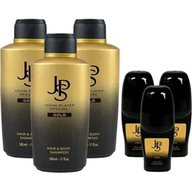 John Player Special Gold Hair & Body Shampoo 3x500 ml & Deo Roll-On 3x50 ml