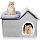 HEVOL Katzenhaus, Katzenhöhle Outdoor, Warm Hundehöhle, Abnehmbar Hundehütte mit Waschbarem Kissen und Plattform, Katzenhöhle für Draußen, Katzenhaus Höhle für Kleine und Mittlere Haustiere