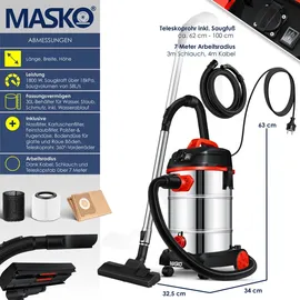 Masko Masko® Industriestaubsauger Staubsauger Nass Trocken Sauger Edelstahl max. 1800W