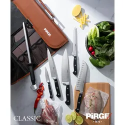 PIRGE Classic Profi Messerset mit Tasche 7 Stück - Geschmiedet Messerset - Profi Kochmesser Set - Edelstahl Profi Küchenmesser Set - Messer Set Scharf
