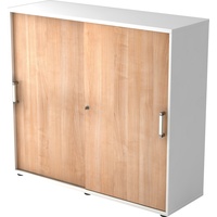 bümö Schiebetürenschrank "3OH" - Aktenschrank abschließbar, Sideboard Schrank mit Schiebetüren in Weiß/Nussbaum - Büroschrank aus Holz mit
