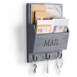 DLQuarts Post-Organizer mit Schlüsselhalter für die Wand, dekorativer Briefsortierer, Wandmontage, Holz-Briefhalter mit 3 Haken, Grau