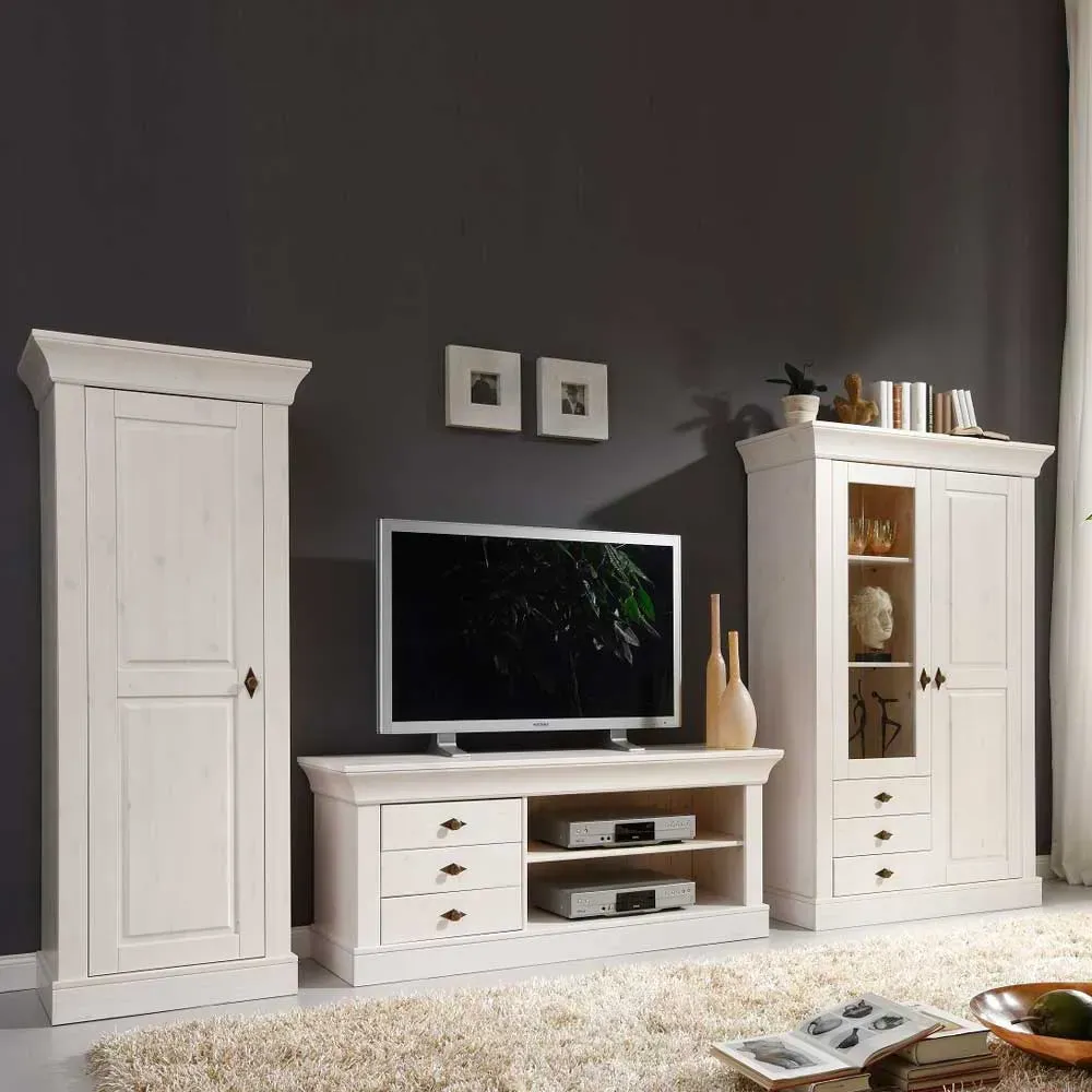 Wohnzimmer Wohnwand in Weiß Kiefer teilmassiv (dreiteilig)