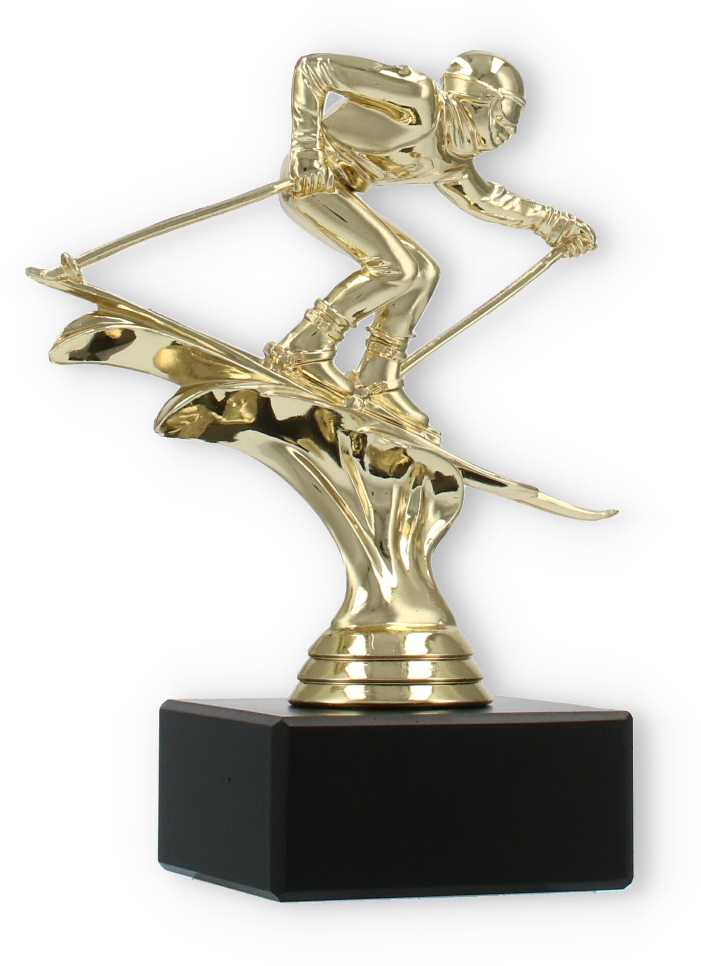 Pokal Kunststofffigur Ski Abfahrt gold auf schwarzem Marmorsockel 14,6cm