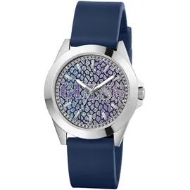 GUESS "MENAGERIE", blau, Armbanduhren, Damen, Quarzuhr, Armbanduhr, Damenuhr, Silikonarmband, Mineralglas, analog