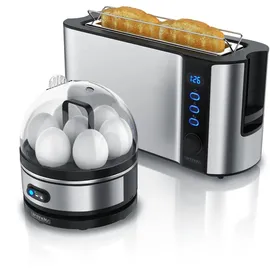 Arendo 2-teiliges Frühstücksset, 1000W Langschlitz Toaster für 2 Scheiben, Eierkocher SEVENCOOK, Silber