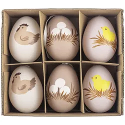 6x Ostereier Kunststoffeier braun mit Motiven Kunststoff 6cm