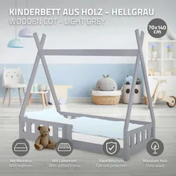 Kinderbett+Matratze Rausfallschutz Tipi Bett Hausbett Kiefernholz Grau 70x140 cm