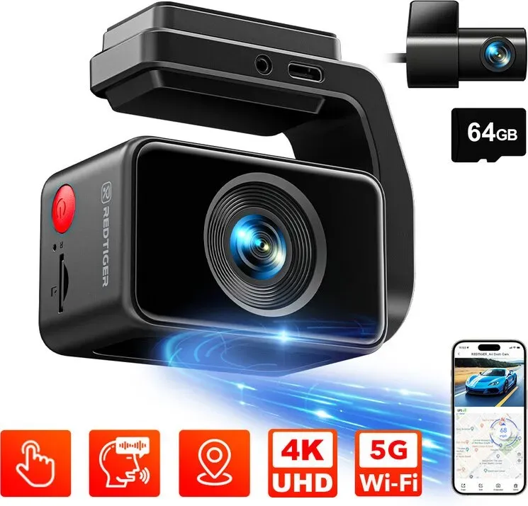 REDTIGER A4 4K Dashcam, Front- und Rückfahrrekorder, GPS & 5G-WLAN, Touchscreen, Nachtsicht, 24-Stunden-Parkmodus, Sprachsteuerung