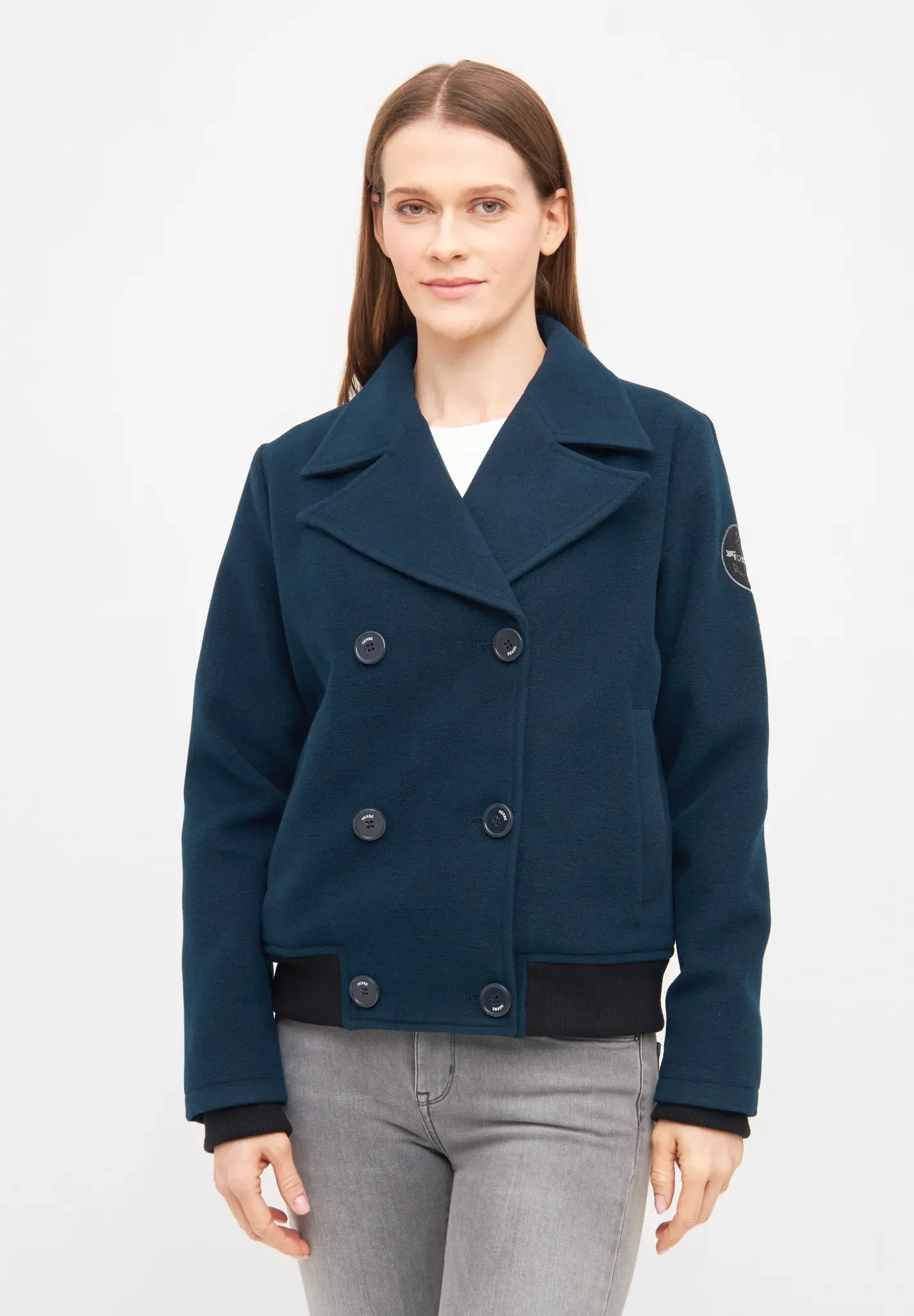 Anorak DERBE "Cabholm" Gr. 46, blau (navy) Damen Jacken Recycelte Carbanjacke, personalisierte Knöpfe, gesticktes Logo