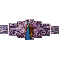 Leinwandbild H375 XL, Wandbild Keilrahmenbild Kunstdruck, 7-teilig 245x87cm ~ Pfau