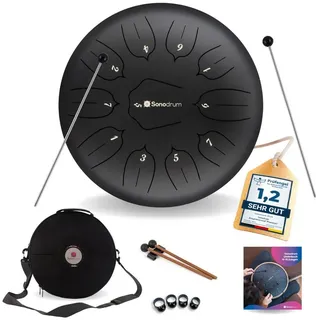 Sonodrum Steel Tongue Drum Zungentrommel "Standard" D-Dur - 30 cm groß mit 11 Tönen,- Steel Tongue Drum inkl. Liederbuch, Schlägel, Fingersticks und Tragetasche, - Notenlesen nicht nötig, einfach zu spielen schwarz